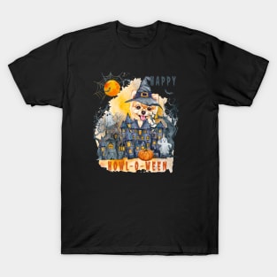 Pomeranian Happy Howl-o-ween Ghost Houses Funny Watercolor T-Shirt